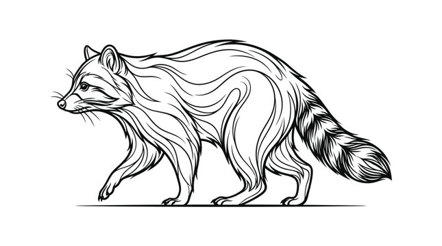 Detailed raccoon walking left line art drawing.