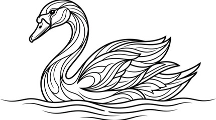 Fototapeta premium Graceful swan line art illustration with decorative wave patterns.