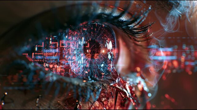Pale robotic eye looking through a cracked screen with neon crypto data.