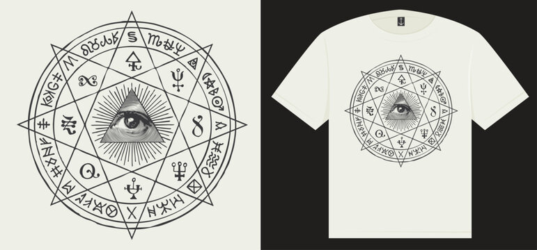 t-shirts graphics. Vector illustration with an all-seeing eye inside octagonal star, Masonic, alchemical and esoteric symbols. Hand-drawn banner or mascot in the form of a circle with a third eye