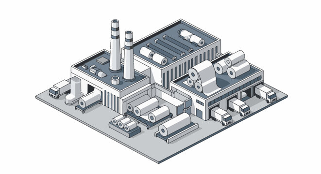 Industrial factory complex with loading docks and stacks of rolled materials