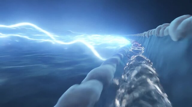 Action potential traveling through a myelinated neuron axon with glowing sodium ions and cinematic microscopic neuroscience detail