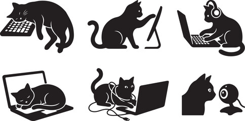 Fototapeta premium Funny Cat Working From Home Bundle, Laptop Cat Collection.