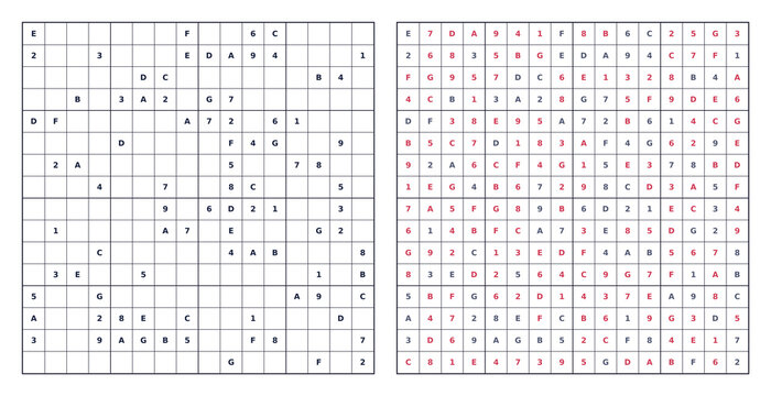 Large 16x16 Sudoku puzzle with letters after 9. Transparent background black grid complete