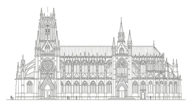 Grand Gothic cathedral front facade line art for coloring.