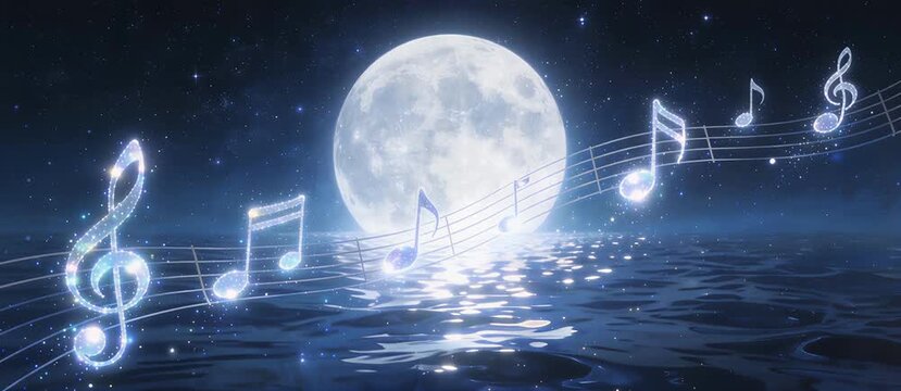 Magical musical notes dancing under the glow of a full moon in a starry night sky