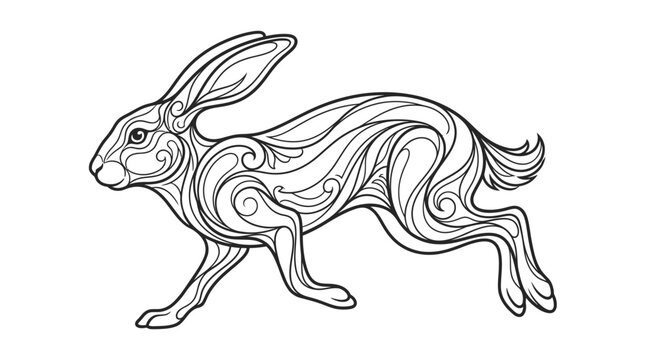 Dynamic leaping hare line art with ornate internal patterns.
