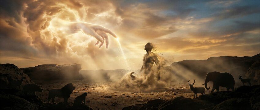 God creating man in the book of Genesis. Divine hand reaching to bring life to an ancient human figure. Biblical scene of the sixth day of creation with wildlife in a desert landscape. Banner with