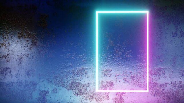 4K Neon Frame on Rusty Wall Background with Smoke Abstract 3D Animation