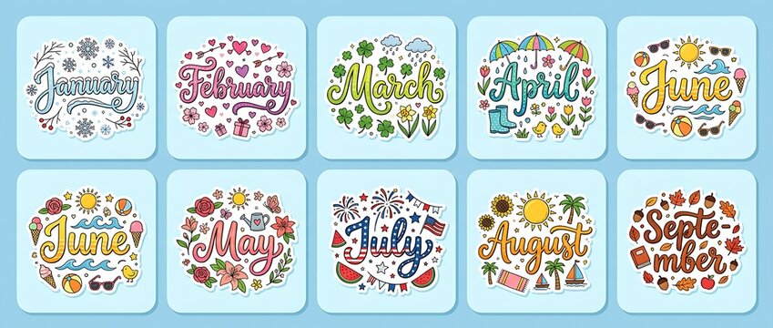Sticker set of calendar months with colorful hand drawn illustrations and seasonal themes for planners including winter spring summer and autumn celebrations.