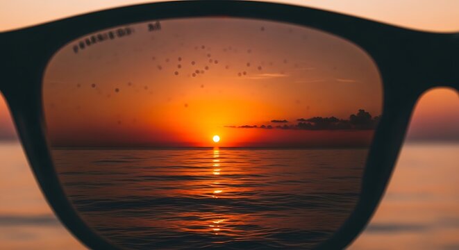 Sunset over ocean viewed through sunglasses lens at golden hour
