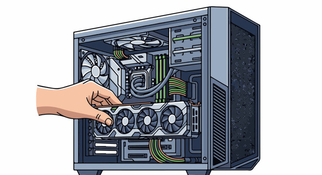 Hand installing a graphics card into a computer tower with fans and cables visible