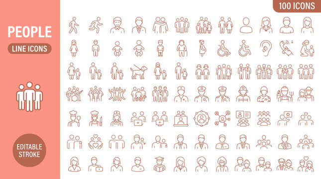A collection of 100 editable line icons depicting various people in different professions and activities. , jpg, vector icons file, png,