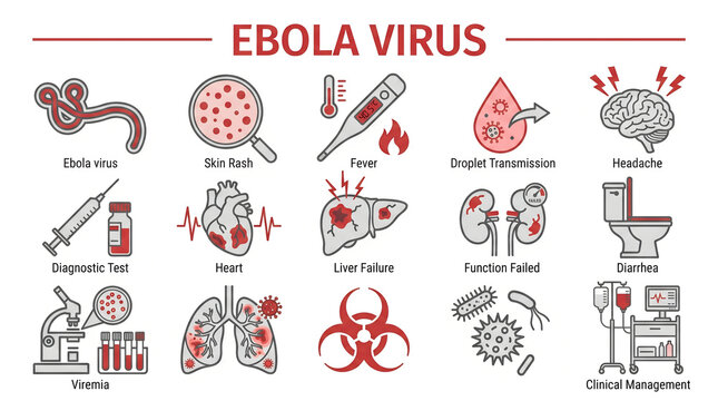 Ebola Virus Medical Infographic Icons Set with Symptoms Diagnosis and Organ Failure Signs