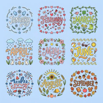 Monthly calendar doodles set with hand drawn lettering and seasonal symbols for january to september featuring weather elements and cute holiday illustrations.