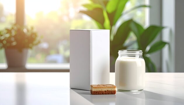 Milk, cake, and box on a table, with green plants and a window behind