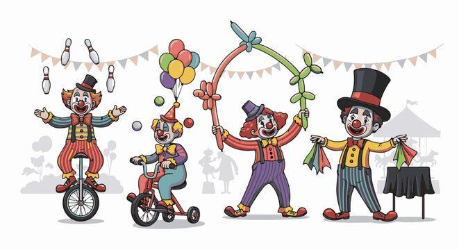 Four joyful clowns perform circus acts with juggling pins, balloons, and colorful props under festive bunting