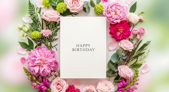 Happy birthday card with beautiful flowers and green leaves arrangement