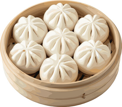 Steamed bao buns in bamboo basket realistic vector illustration for Asian cuisine dim sum and food packaging design