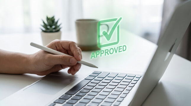 Closeup of a person using a digital pen on a laptop with a glowing green approved checkmark icon overlay