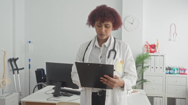 Woman doctor in white coat holds clipboard and stethoscope while reading medical notes in a building exam room near computer and wheelchair; compassion care.