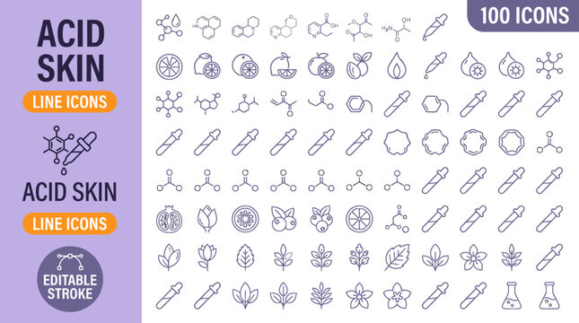 A collection of editable line icons depicting various acid and skin care related symbols and objects. , jpg, vector icons file, png,