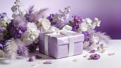 Obraz premium A purple gift box with a white ribbon sits on a white surface surrounded by purple and white flowers and petals in a decorative arrangement.