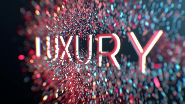 Words merge and shift in a dynamic display. The word luxury stands out as particles burst and flow in a colorful, textured background. This visual captures energy and motion effectively.