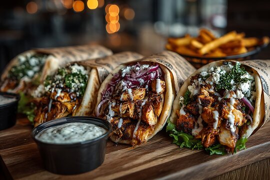A close-up shot of delicious chicken gyros with tzatziki sauce and fries on a wooden board.