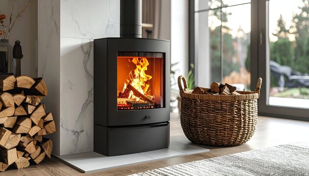 Modern black wood-burning stove with fire burning, in a light, bright interior
