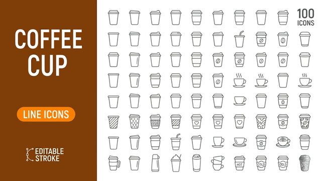 A collection of coffee cup line icons on a brown and white background with editable stroke. , jpg, vector icons file, png,