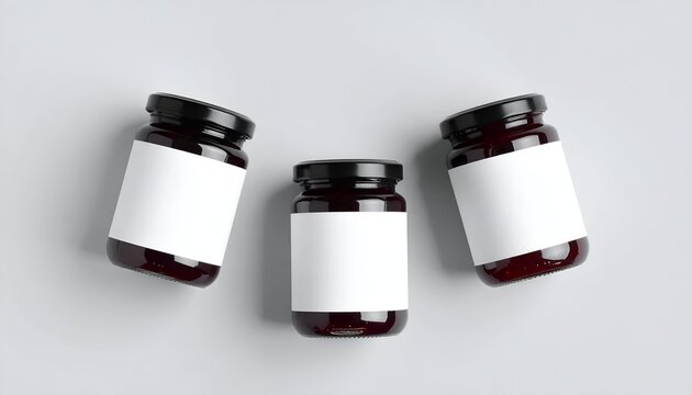 Three jars of red jam/preserves with blank white labels on a light gray surface