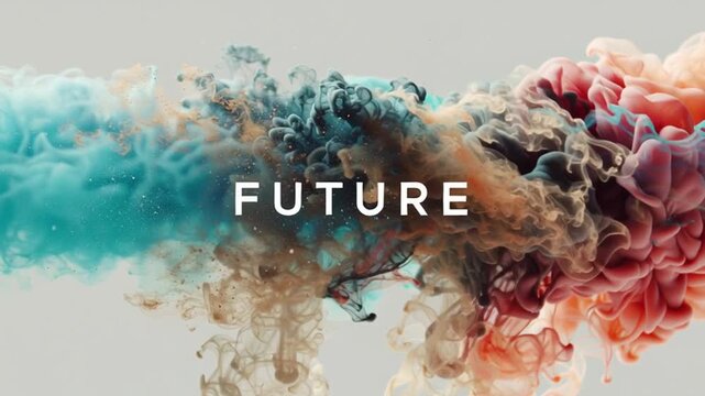 Bold words form in a mixture of textures and colors. Liquid motions blend, creating an artistic representation of concepts. The image captures energy and movement, highlighting a dynamic future.