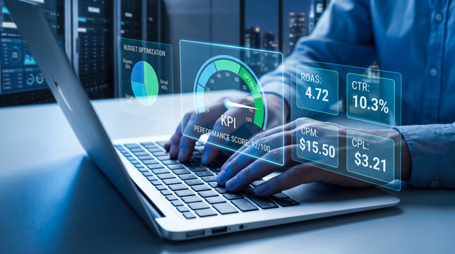 Digital marketing professional analyzing performance metrics and key performance indicators on a laptop in a server room