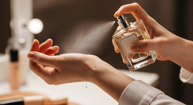 A woman delicately applies perfume to her wrist, the atomized mist creating a fine spray. The elegant glass bottle, with its clean lines, sits beside cosmetic items in a softly lit, intimate setting.