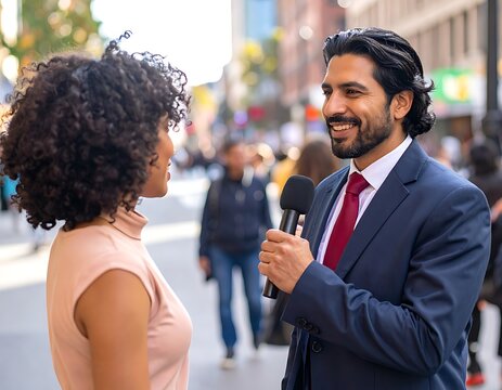A man interviews a woman on a busy city street