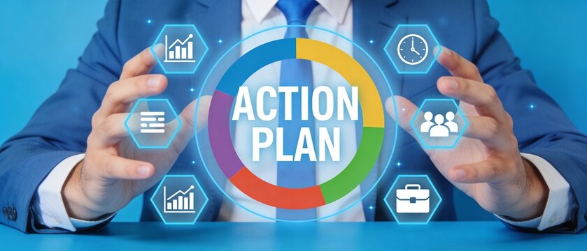Businessman presenting an action plan with hands and digital icons
