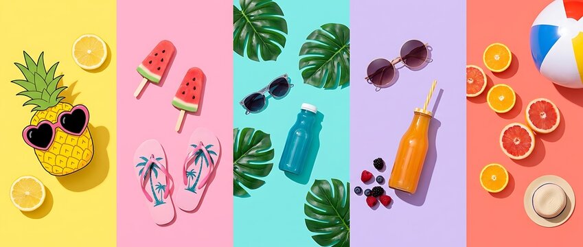 Hello June summer vacation collage with pineapple watermelon popsicles flip flops sunglasses drinks and beach ball vibrant colors organized in vertical panels.