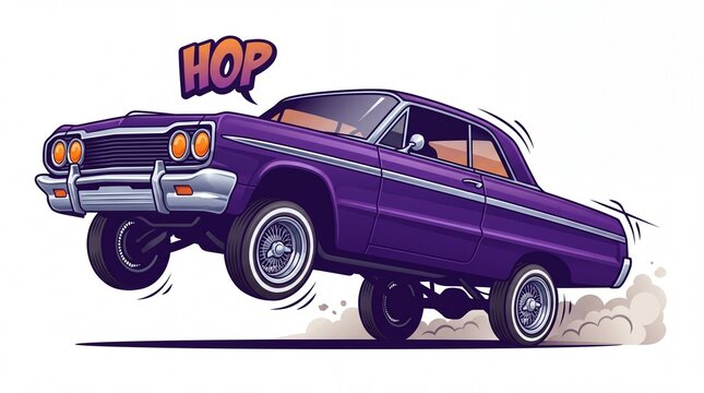 Purple lowrider car performing a hydraulic bounce maneuver with motion lines shown on white background