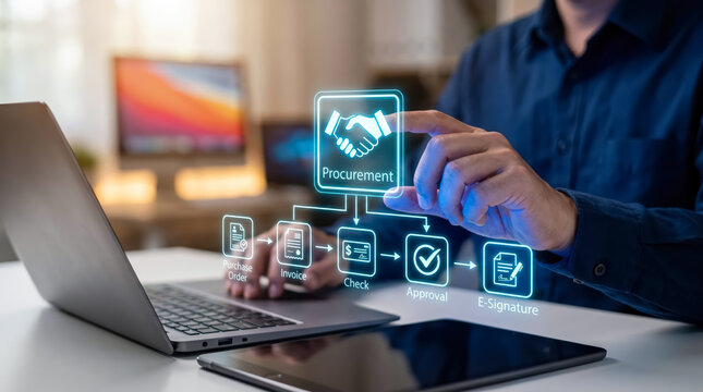 Digital procurement process management with business person using technology for purchase order, invoice, and approval