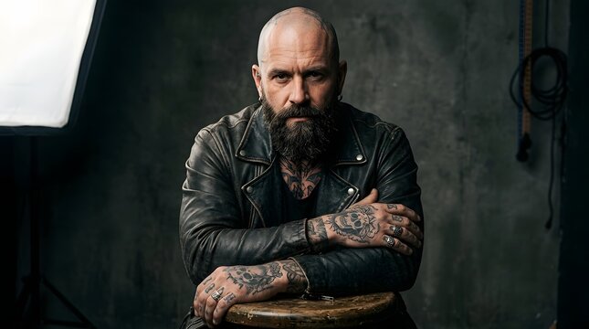 Bald man with beard and tattoos, dramatic studio lighting, edgy modern portrait, high detail