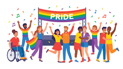 Fototapeta premium Diverse group of people celebrating Pride with rainbow banner and confetti