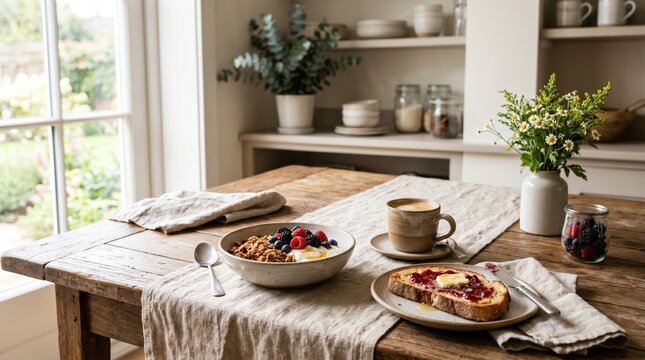Enjoying a tranquil morning with a healthy, delicious breakfast setup featuring granola, fresh berries, coffee, and toast on a rustic wooden table by a bright window