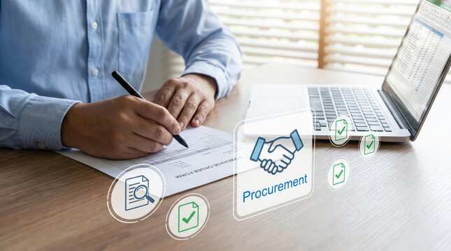 Procurement officer filling out a purchase order form in a modern office with digital icons representing the process
