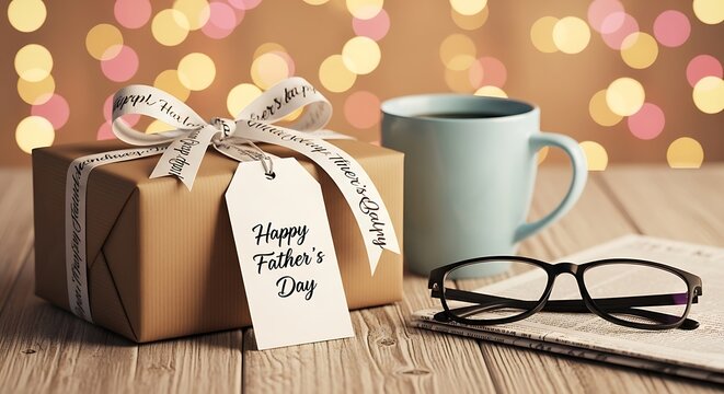 A serene Father's Day coffee and newspaper morning setup with a wrapped gift on a wooden table