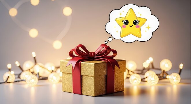 A charming gift box is surrounded by warm glowing lights with a whimsical smiling star appearing inside a thought bubble for a festive feel, thought bubble, adorable, cute