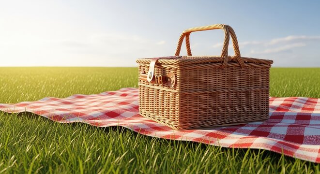 A classic wicker picnic basket sits atop a red checkered blanket spread over lush green grass in a sunlit meadow under a clear blue sky, nature, scene, fruit