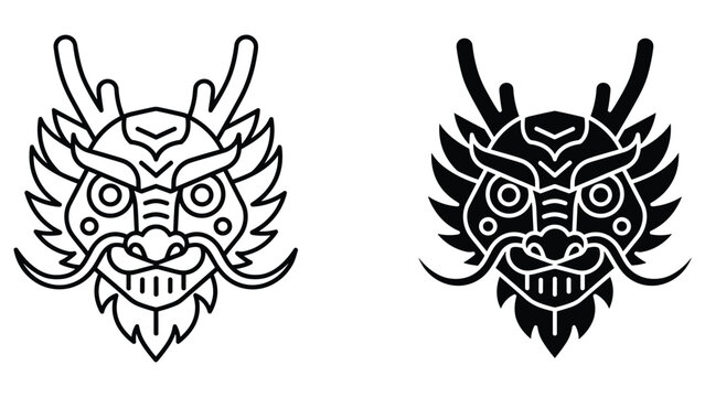 Traditional dragon head icon in outline and solid black graphic design style