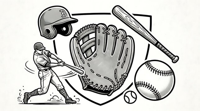 Baseball player swinging bat with baseball gear