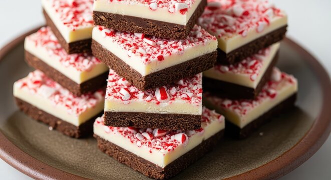 A close-up view of stacked peppermint bark squares on a rustic plate showing layers of smooth chocolate topped with crushed candy canes, butter, brown, background